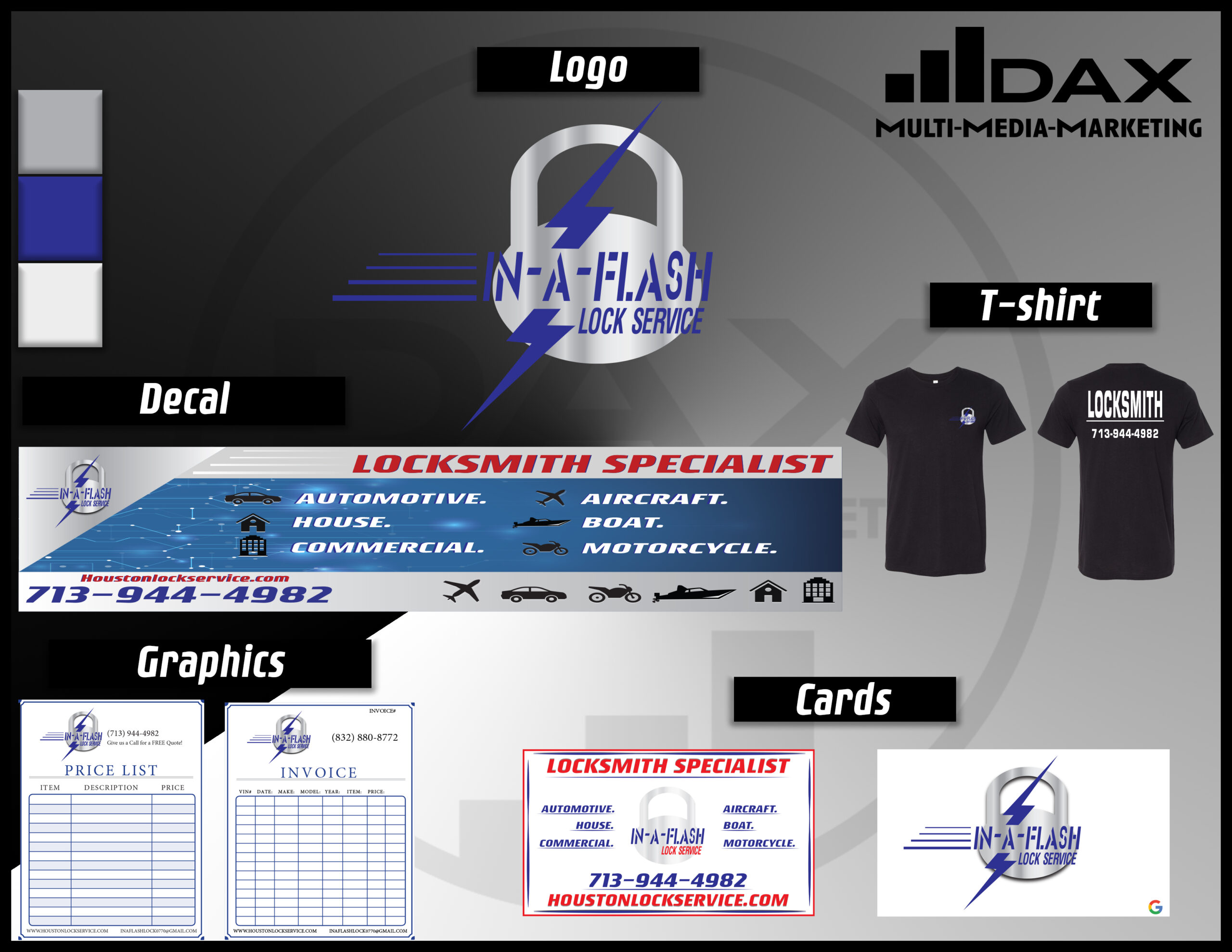 Graphic design and branding mockups created by Dax Creative Hub including logos, apparel, business cards and marketing materials