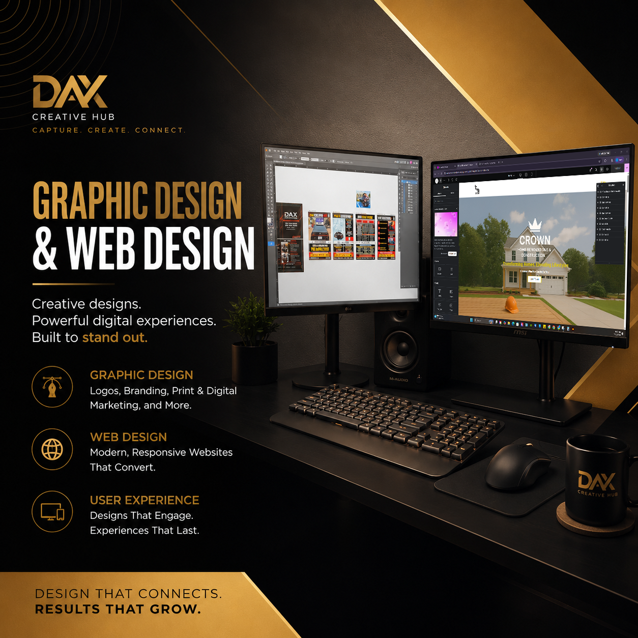 Graphic design and web design workspace featuring dual monitors with branding and website projects