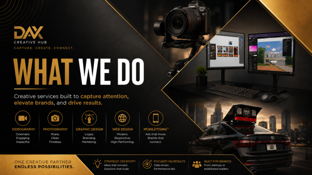 Dax Creative Hub services including videography, photography, graphic design, web design, and Mobiletising
