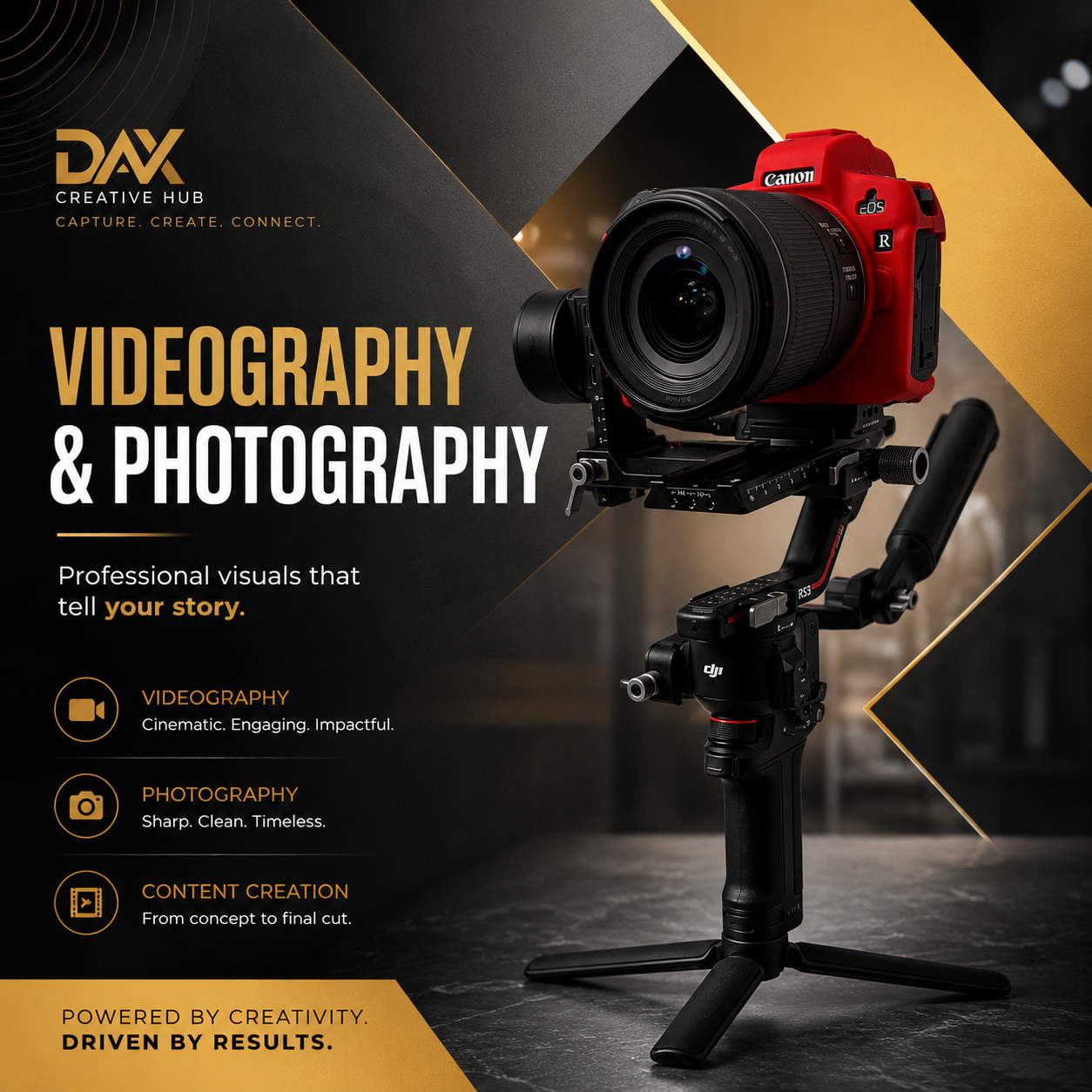Videography and photography service equipment setup with cameras and lighting for content creation in Pearland, TX